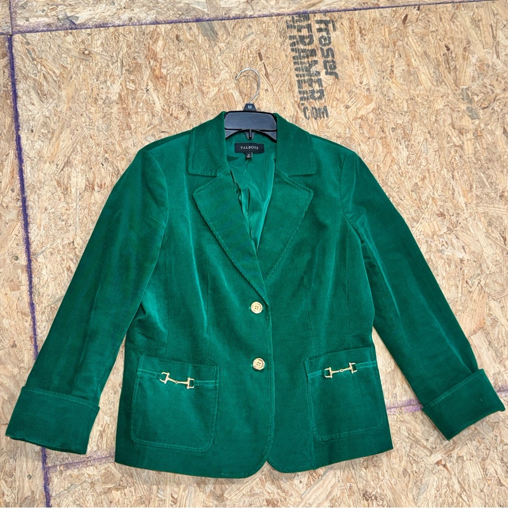 Talbots Emerald Green Cotton Corduroy Blazer Jacket Golden Horsebit Buckle 12